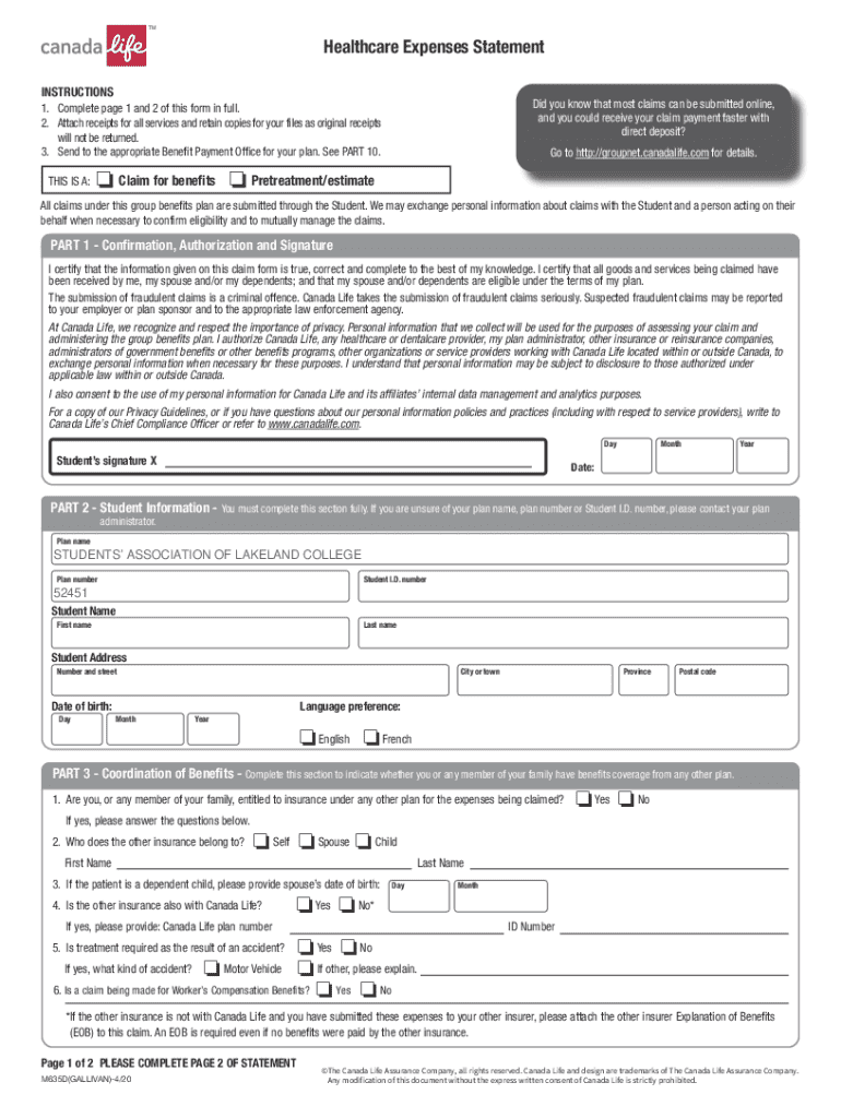 Canada Life Healthcare Expenses Statement - Blank Fillable Template ...