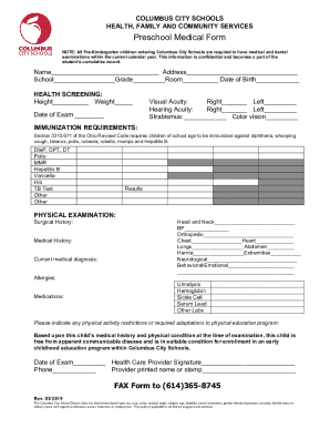 Columbus City Schools Preschool Medical Form