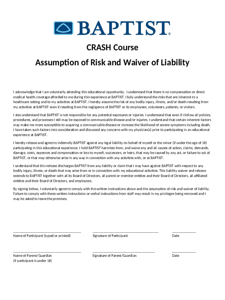 CRASH Course Assumption of Risk and Waiver of Liability - Blank ...