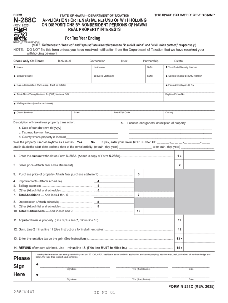 Form N-288C, Rev 2025, Application for Tentative Refund of Withholding on Dispositions by Nonresiden Preview on Page 1