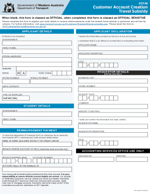 Customer Account Creation Travel Subsidy form (ODT58). Customer Account Creation Travel Subsidy form (ODT58)