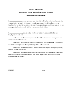 Connecticut Student Employment Handbook Acknowledgement