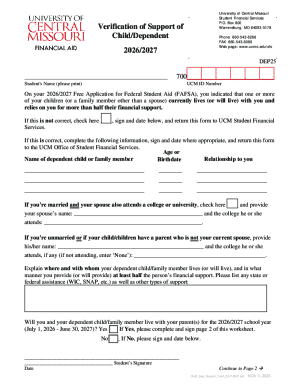 Verification of Support of Child/Dependent