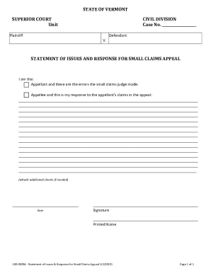 Vermont Small Claims Appeal Statement of Issues