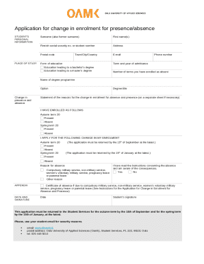 Application for Change in Enrolment for Presence/Absence