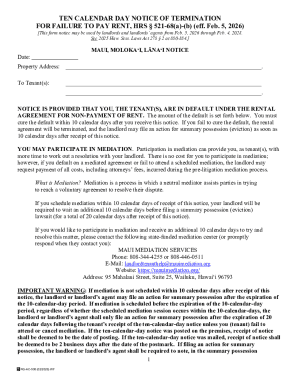 Hawaii Ten Calendar Day Notice of Termination for Failure to Pay Rent