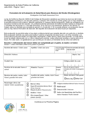 California Kindergarten Oral Health Assessment Form