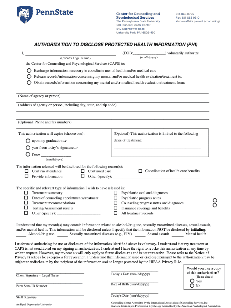 Authorization to Disclose Protected Health Information - Blank Fillable ...