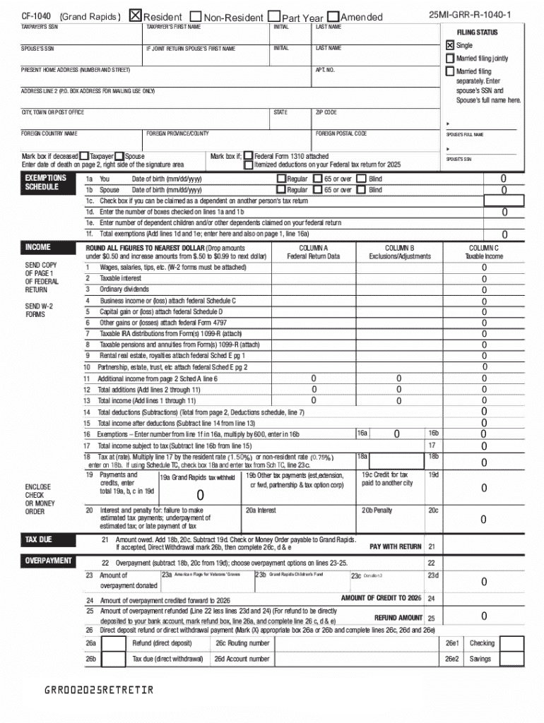 City of Grand Rapids Income Tax Resident Form Preview on Page 1