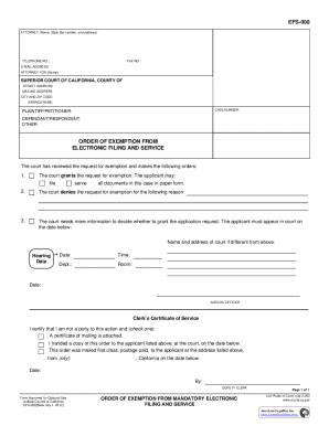California Order of Exemption from Electronic Filing and Service