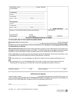 Colorado Small Claims Court Notice of Representation by Attorney