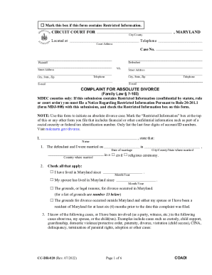 Maryland Absolute Divorce Complaint Form