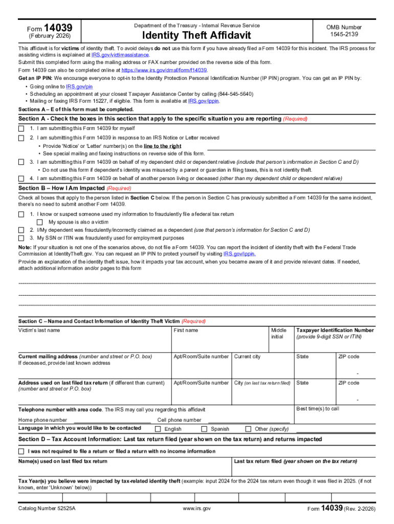 IRS Form 14039 Identity Theft Affidavit Preview on Page 1