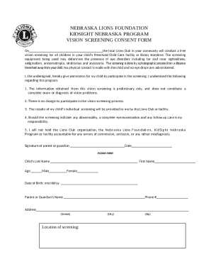 Nebraska Lions Foundation Kidsight Vision Screening Consent Form
