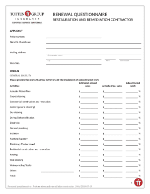 Renewal Questionnaire for Restoration and Remediation Contractor