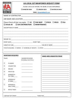 UA Local 527 Manpower Request Form