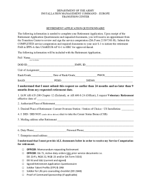 US Army Retirement Application Questionnaire