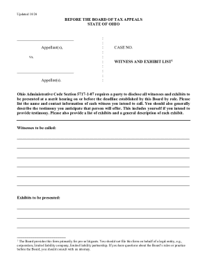 Ohio Tax Appeal Witness and Exhibit List