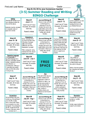 Summer Reading and Writing BINGO Challenge