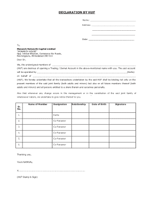 Declaration by HUF for Trading/Demat Account