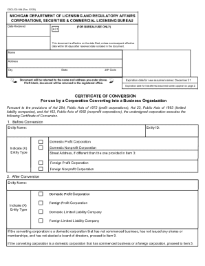 Michigan Certificate of Conversion