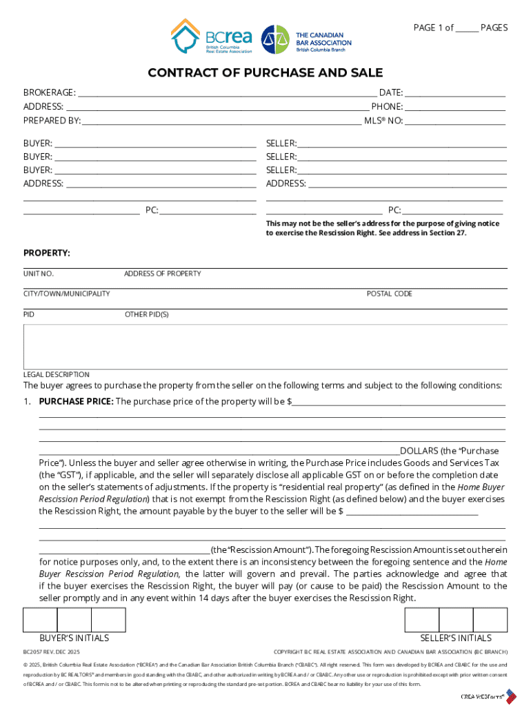 British Columbia Residential Purchase Agreement Preview on Page 1