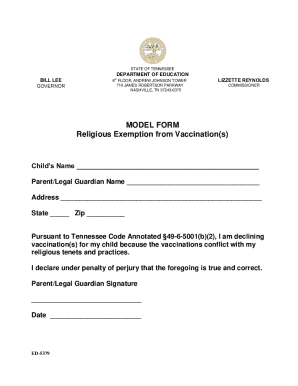 Tennessee Religious Exemption from Vaccination Form