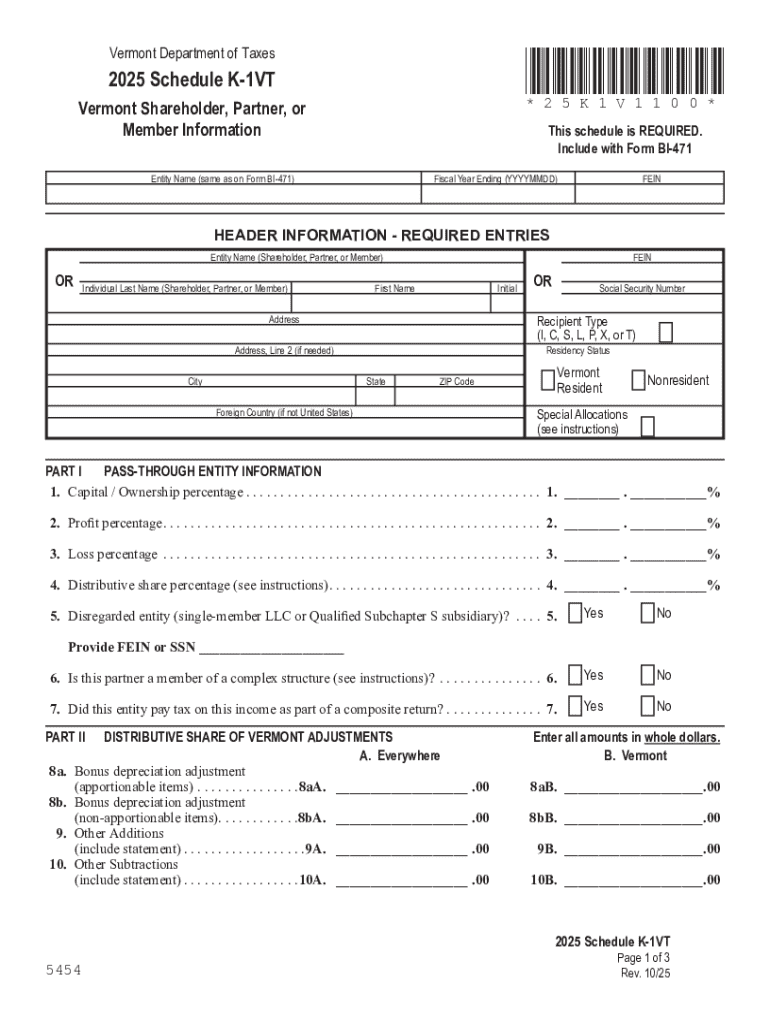 2025 Schedule K 1 V T, Vermont Shareholder, Partner, or Member Information Preview on Page 1