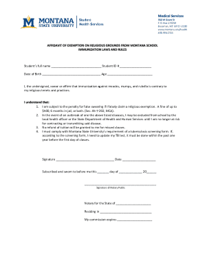 Montana State University Religious Immunization Exemption Form