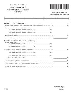 2025 Schedule IN-153, Vermont Capital Gains Exclusion Calculation