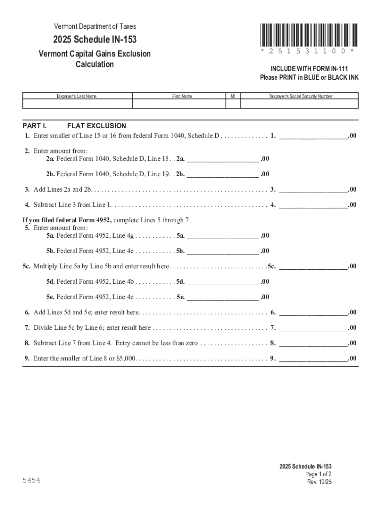 2025 Schedule IN-153, Vermont Capital Gains Exclusion Calculation Preview on Page 1