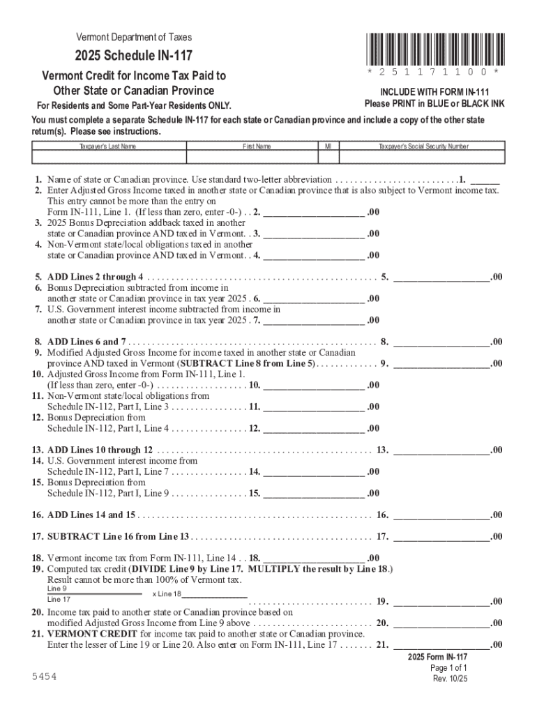 2025 Schedule IN-117, Vermont Credit for Income Tax Paid to Other State or Canadian Province Preview on Page 1