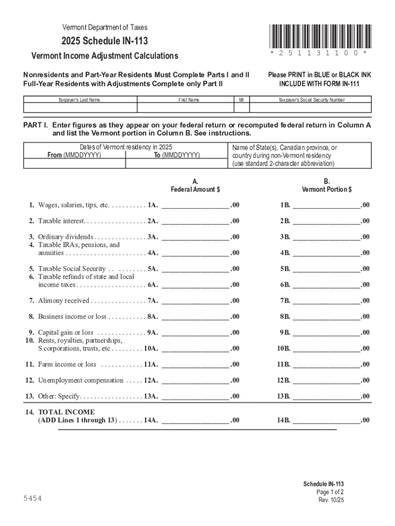 2025 Schedule IN-113, Vermont Income Adjustment Calculations Preview on Page 1