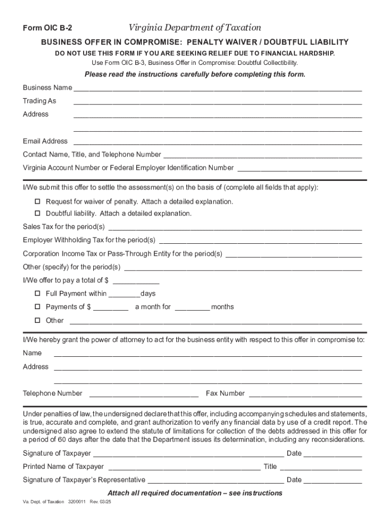 Form OIC B-2 - Business Offer In Compromise: Penalty Waiver Doubtful Liability Preview on Page 1