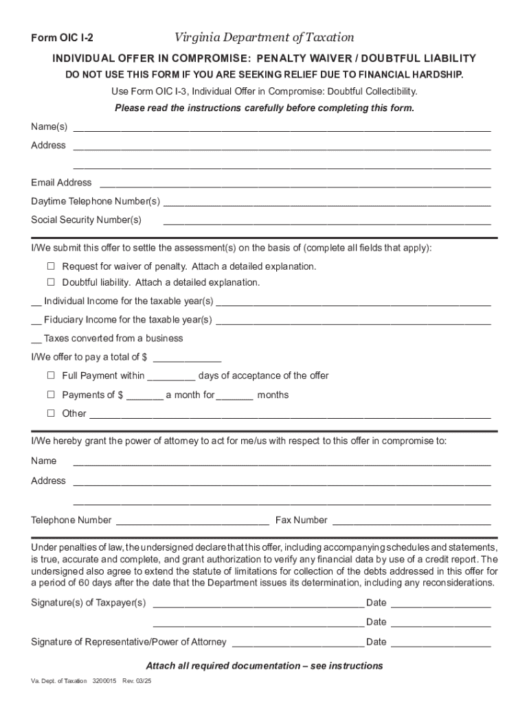 Form OIC I-2 - Individual Offer In Compromise: Penalty Waiver Doubtful Liability Preview on Page 1