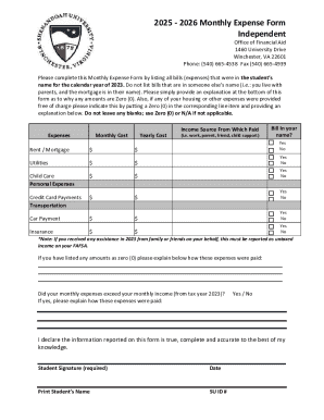 2025 - 2026 Monthly Expense Form