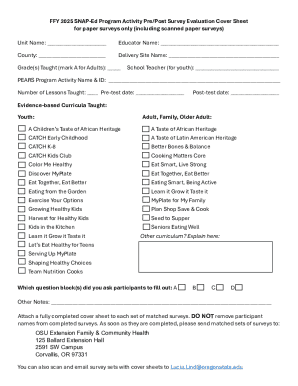 SNAP-Ed Program Activity Pre/Post Survey Evaluation Cover Sheet