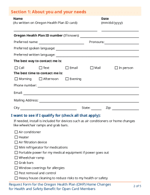 Oregon Health Plan Home Changes Request Form