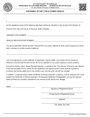 Hawaii Stored Vehicle Statement of Fact