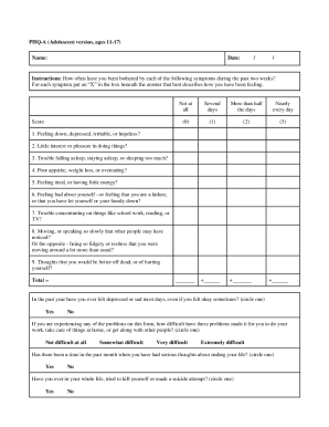 PHQ-A Adolescent Depression Screening Form