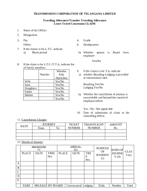 Traveling Allowance/Transfer Traveling Allowance Leave Travel Concession Claim
