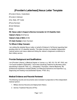 Nexus Letter Template for VA Disability Claim