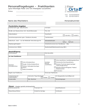 Praktikanten Personal Fragebogen