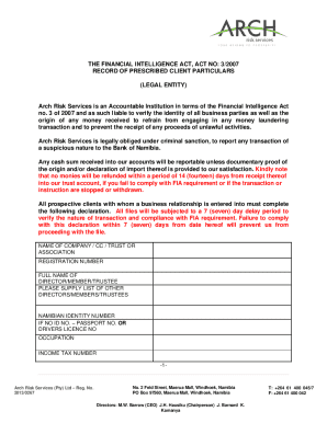Namibia Financial Intelligence Act Client Declaration Form