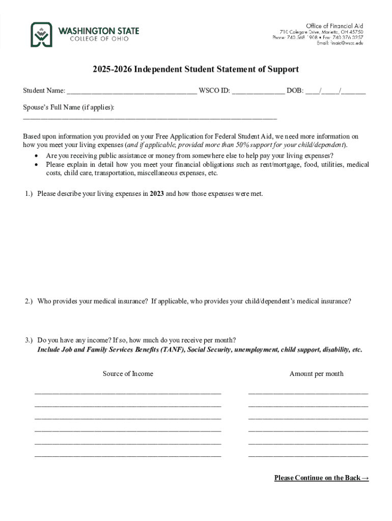 Statement Of Support Form 2025-2026 Independent Student Statement of Support - Blank Fillable ...