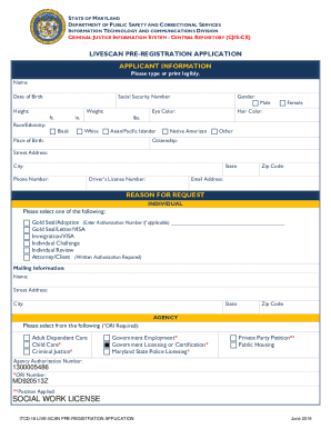 Maryland Livescan Pre-Registration Application