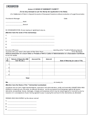 Bond of Indemnity/Surety for Deceased Customer Deposit Settlement