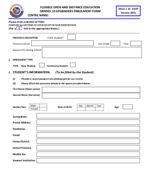 Grades 10 Upgraders Enrolment Form