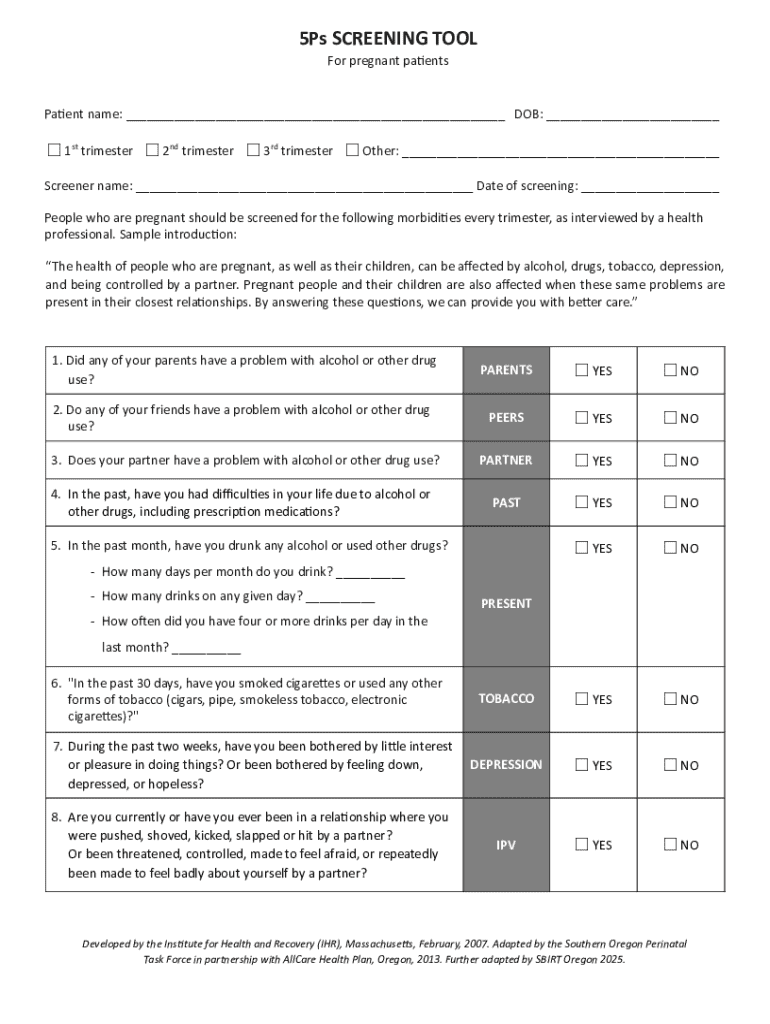 5Ps Screening Tool for Pregnant Patients - Blank Fillable Template ...