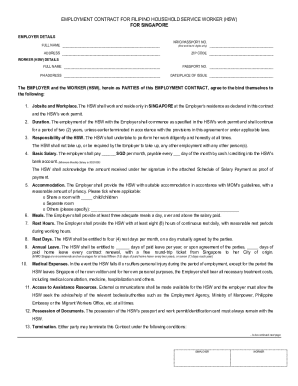 Employment Contract for Filipino Household Service Worker (HSW) for Singapore